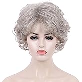 Kalyss 10" Short Curly Wavy Wig With Hair Bangs Premium Heat Resistant Synthetic Hair Wig 70s Look Short Wigs for Women （Sliver Grey）