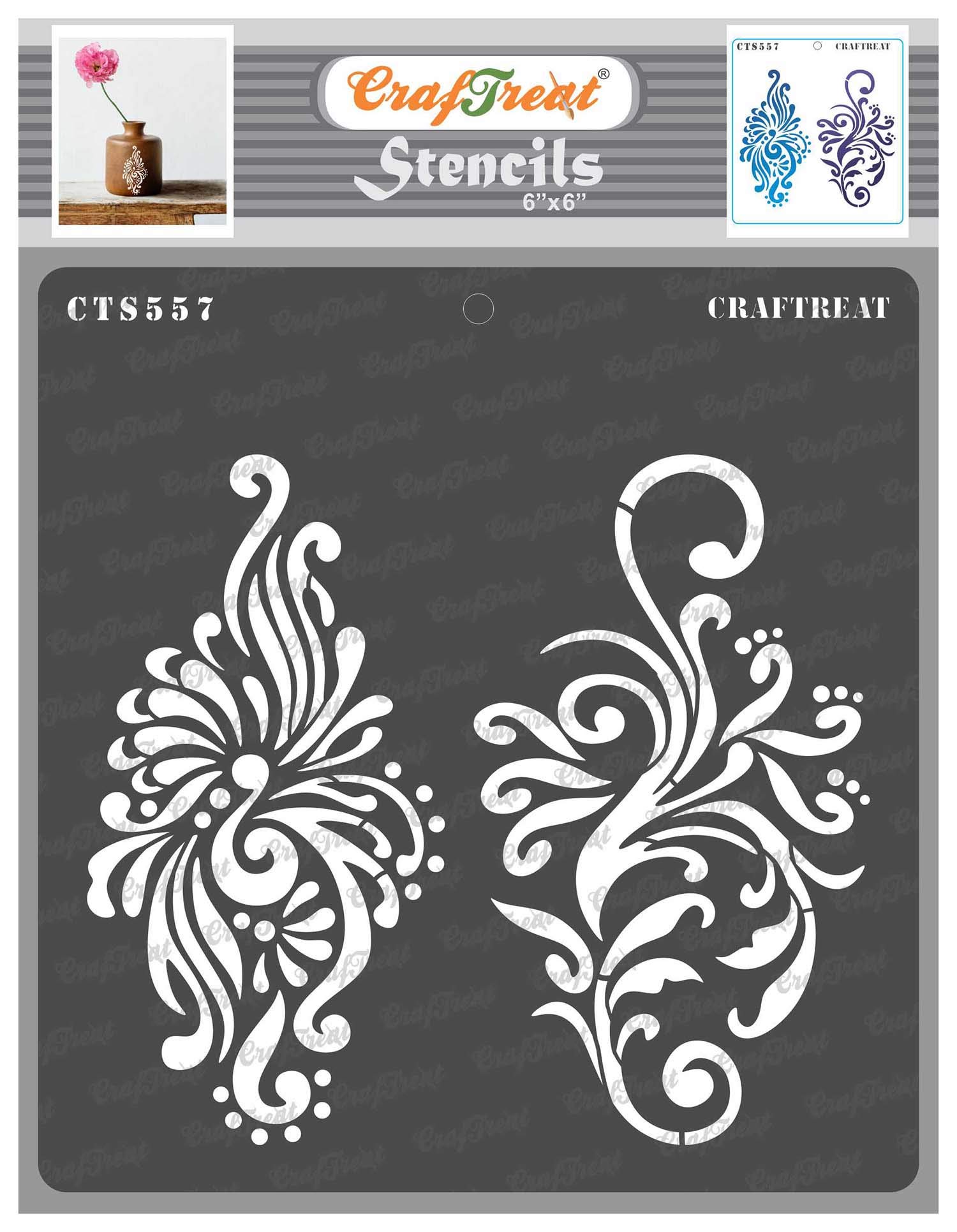 CrafTreat Reusable Designer Flourish Stencil for Painting on Wood, Canvas, Paper, Fabric, Floor, Wall and Tile - Peacock Flourish -6x6 Inch - Floral Stencils and Templates for Painting