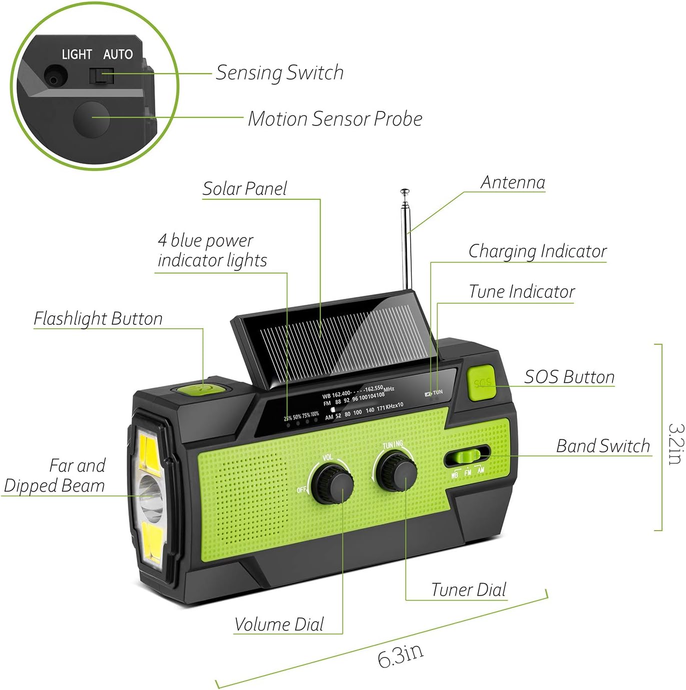 [2020 New Version] Emergency-Hand-Crank-Radio,4000mAh Portable Weather Solar Radios with Motion Sensor Reading Lamp,3 Gear LED Flashlight,SOS Alarm,Cell Phone Charger,AM/FM/NOAA (Green): Electronics