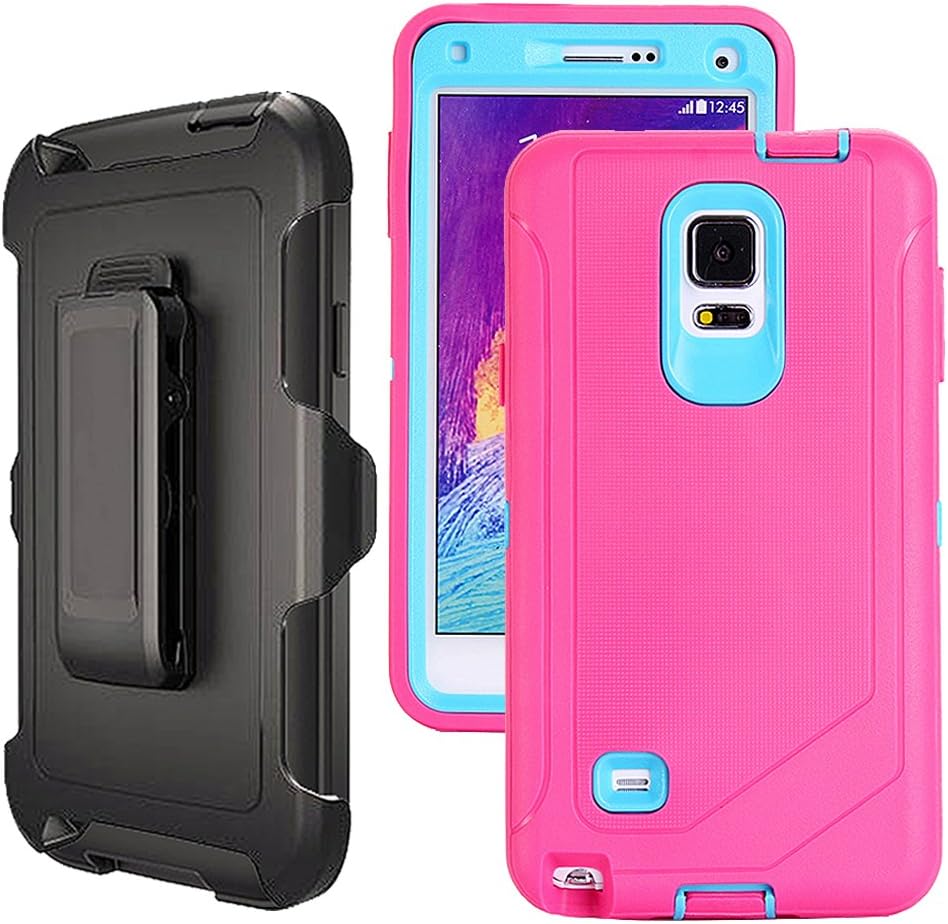 Galaxy Note 4 Case Heavy Duty,Harsel Defender Bumper Shockproof Dustproof Dropproof 3 Layer Rugged Protective Shell Case w/ Built-in Screen Protector & Belt-clip for Samsung Galaxy Note 4 (Rose Blue)