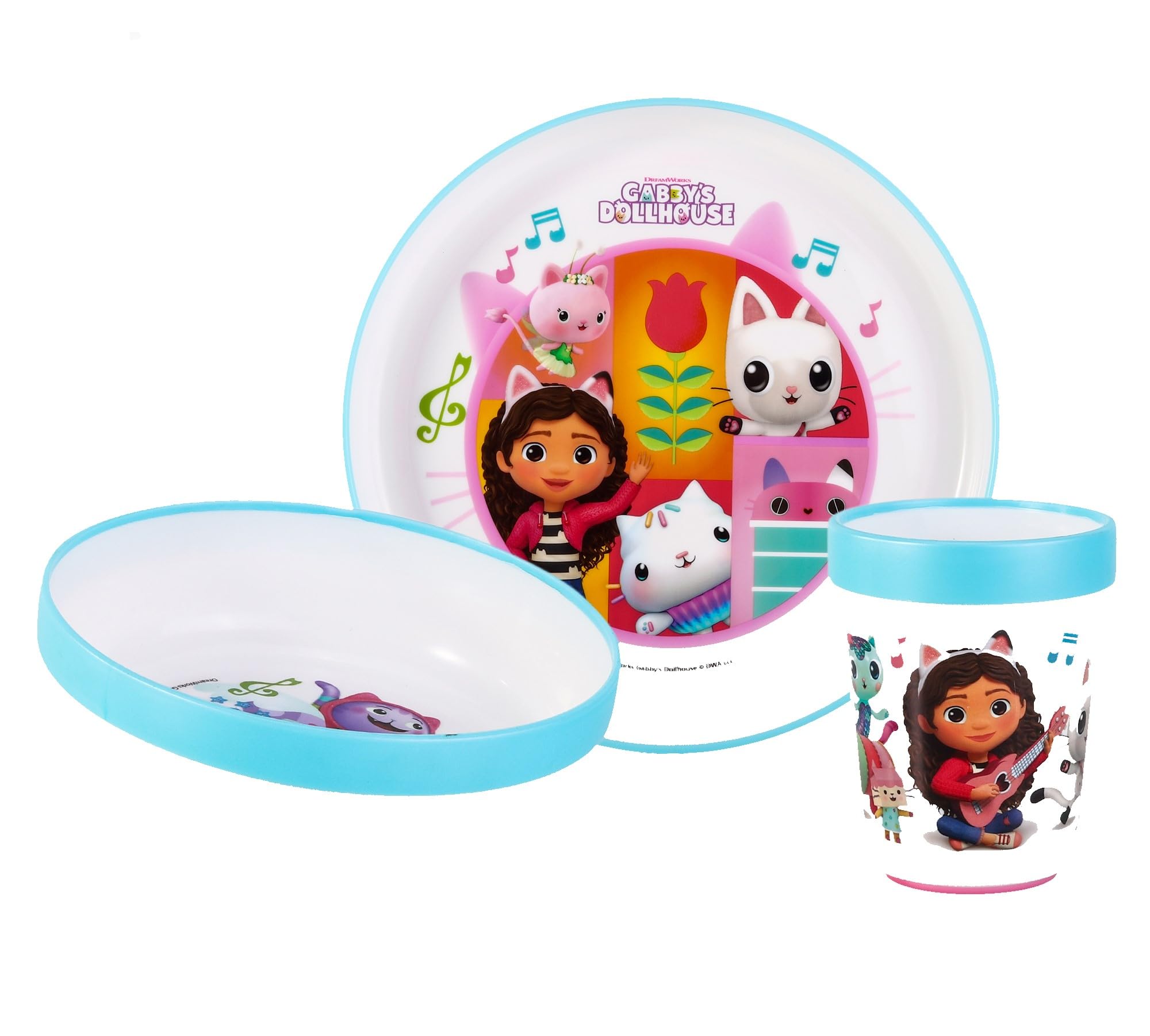 3pcs Reusable Bicolor Premium Kids Dinner Tableware Set Plate, Bowl & Tumbler, BPA Free (Gabby's Dollhouse)