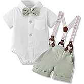 WESIDOM Baby Boy Clothes Suit 0-24 Months Gentleman Outfits, Short Sleeve Dress Romper+Bowtie+Detachable Suspender Shorts Set