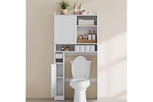 VASAGLE Over The Toilet Storage Shelf, Bathroom Storage Cabinet with Sliding Door, Adjustable Shelves, Toilet Paper Holder, S