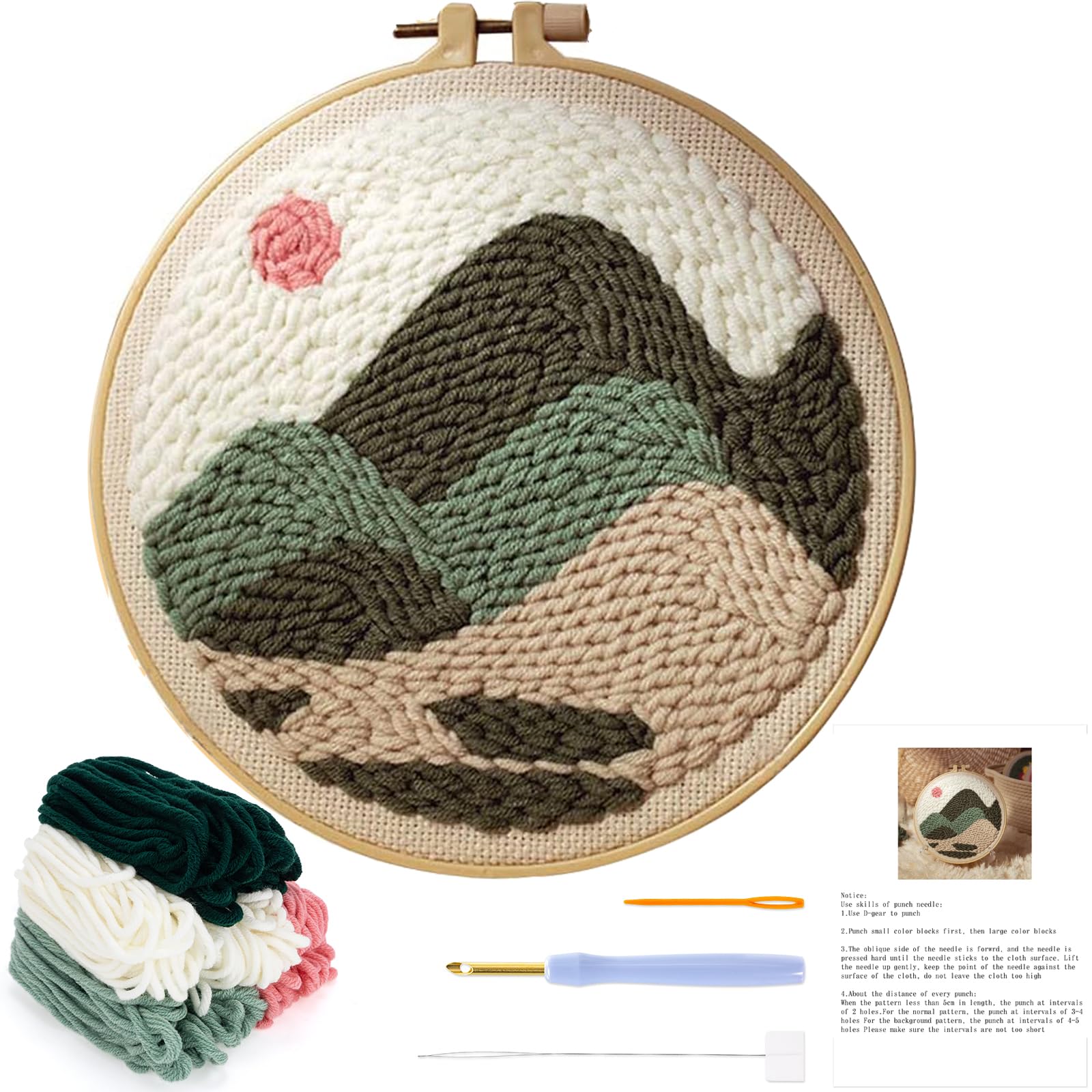 JSRQT Punch Needle Embroidery Starter Kits,Rug Hooking Beginner Kit for Kids and Adults, Punch Needle Fabric with Threader,Yarns and Embroidery Hoops,High Mountain Pattern