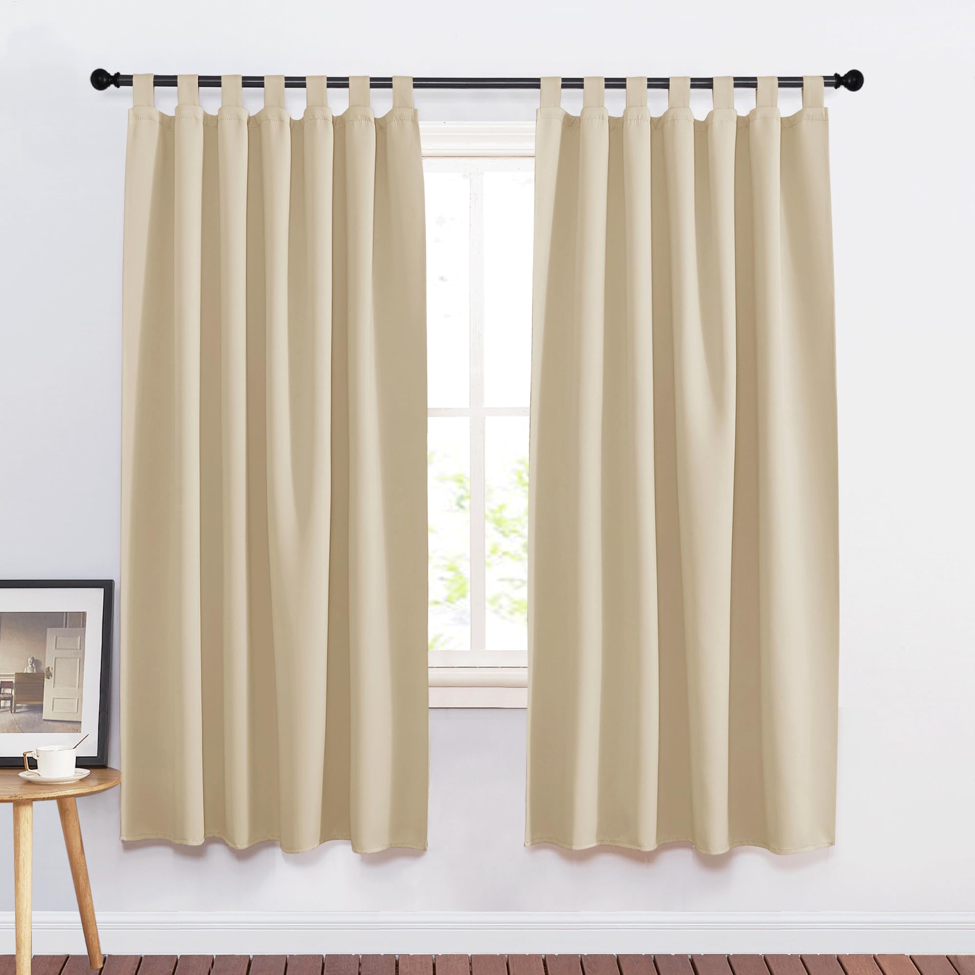 PONY DANCE Beige Tab Top Curtains - (Width 140 x Height 175 cm, Yellow Beige, Pack of 2) Decorative Curtains and Window Draperies Thermal Insulated Anti Cold Heat Energy Saving