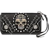 Punk Studs Gothic Skull Chain Art Rivet Buckle Studded Women Wallet Day of the Dead Zipper Wristlet Purse