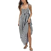 Lentta Women's Striped Smocked Maxi Dress Causal Spaghetti Strap Stretchy Flowy Swing Long Dress with Pockets
