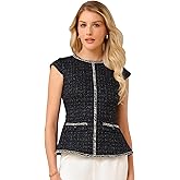 Hobemty Women's Elegant Tweed Top Crew Neck Cap Sleeve Business Office Peplum Blouse Tops