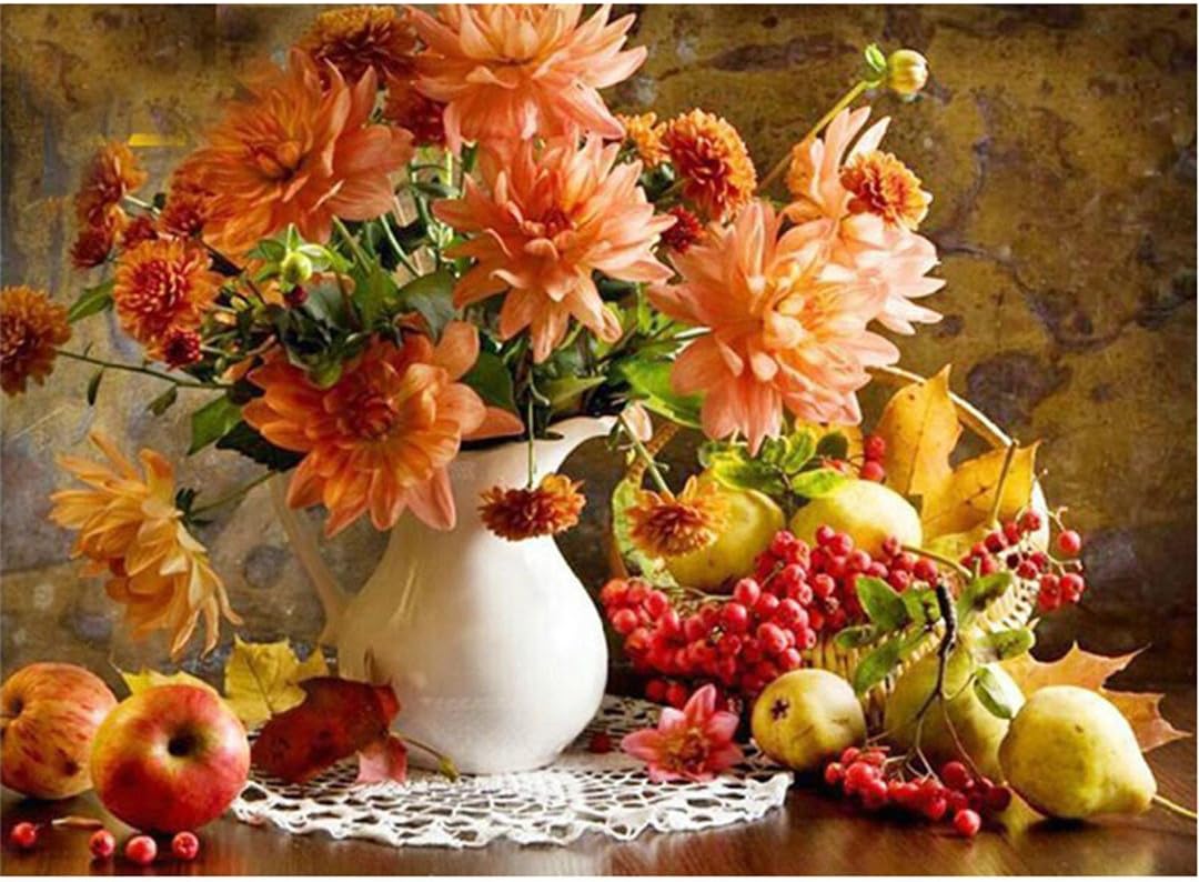 Kuwoolf 5D Diy Diamond Painting Flower Apple Flower Vase Round Diamond Cross Stitch Hobbies And Crafts Diamond Embroidery Mosaic Floral