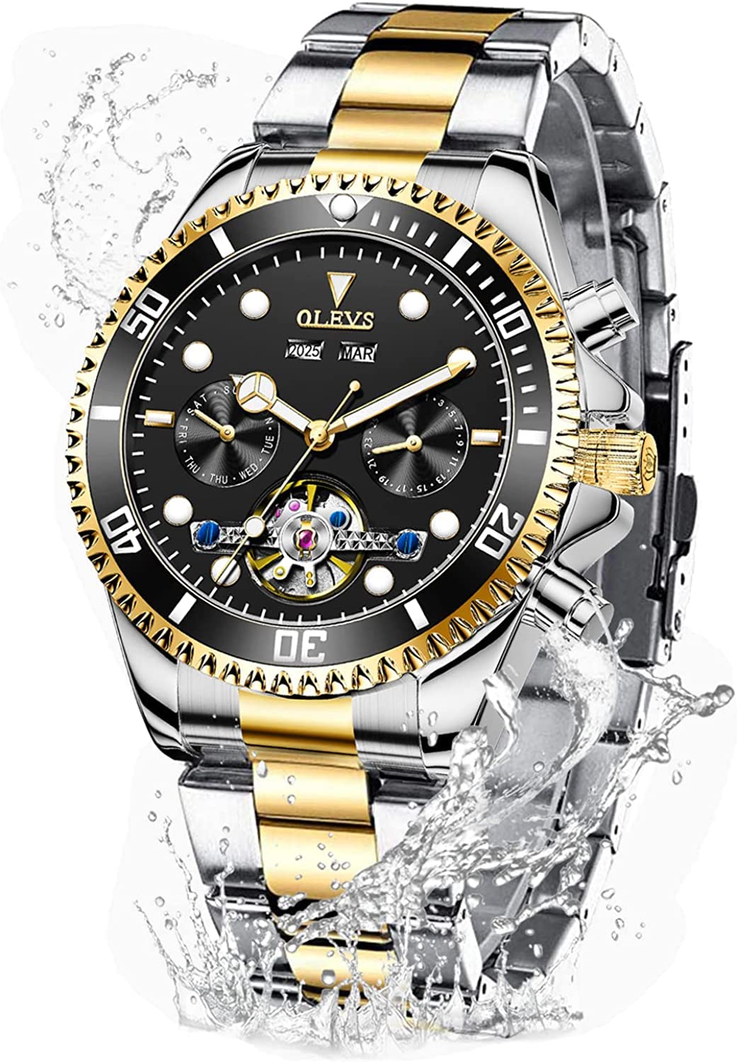 OLEVS Automatic Watches for Men Self Winding Classic Designer Tourbillon Stainless Steel Waterproof Luminous Male Wrist Watches (Gold and Black)