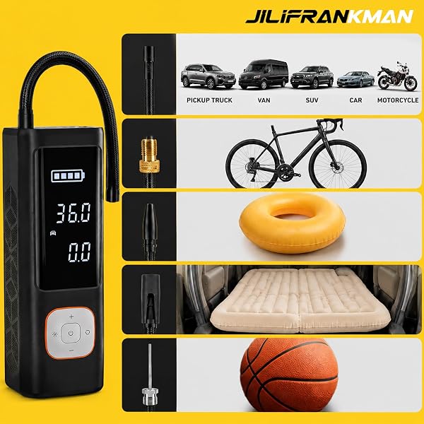 JILIFRANKMAN AU08 PRO 12V 135W 40L/MIN CORDLESS TIRE INFLATOR FOR CAR TIRES WITH DIGITAL PRESSURE GAUGE, LED LIGHT AND AUTO SHUT-OFF FUNCTION – PICKUP TRUCK,SUV，CAR, MOTORCYCLE, BICYCLE, BALL