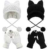 4 Pieces Winter Cat Ear Beanie Knit Hat Touchscreen Gloves Set for Women 2 Pcs Cute Cat Ears Knit Hat and 2 Pairs Warm Winter Knit Gloves for Cold Weather, White and Black