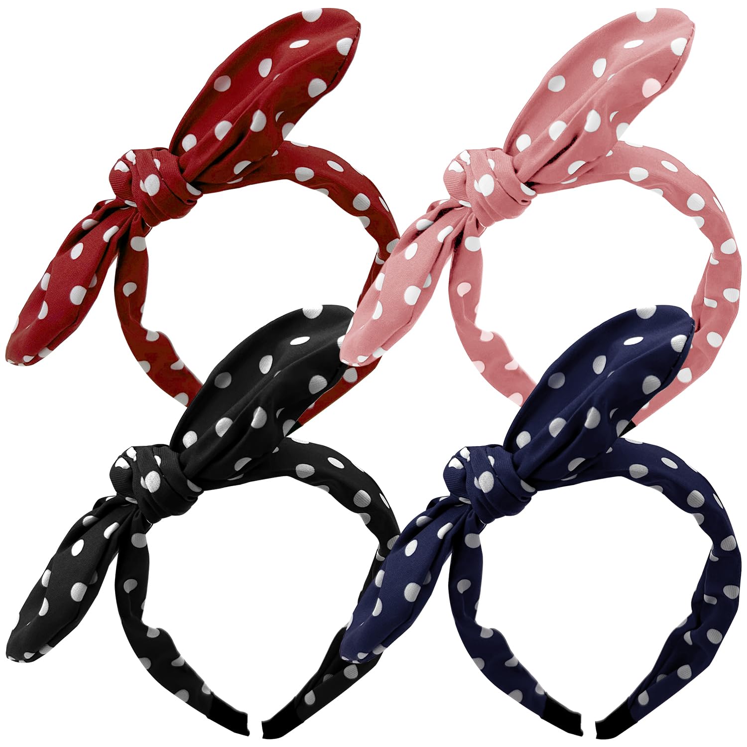 4Pcs Polka Dot Bowknot & Bunny Ear Twisted Headwrap for Women & Girls, Wide Band Cloth