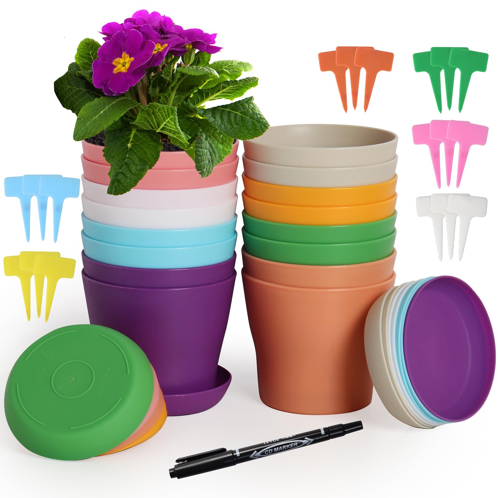 Happybase 5.5 inch Flower Pots, 16 Pack Small Plastic Planter with Saucers, Seedlings Nursery Pots Planter with Pallet Planting Gardening Containers - Assorted 8 Colors โ image 1