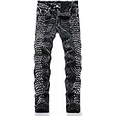 Oaovo Men's Retro Style Straight Slim Fit Jeans Side Rivets Decoration Denim Jeans Punk Style Trousers