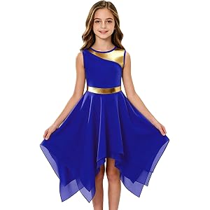 Ephemia Girls Praise Dance Dress Sleeveless Church Worship Lyrical Skirt | Girl's Overlays Tunic Church Costume Flowy Metalli