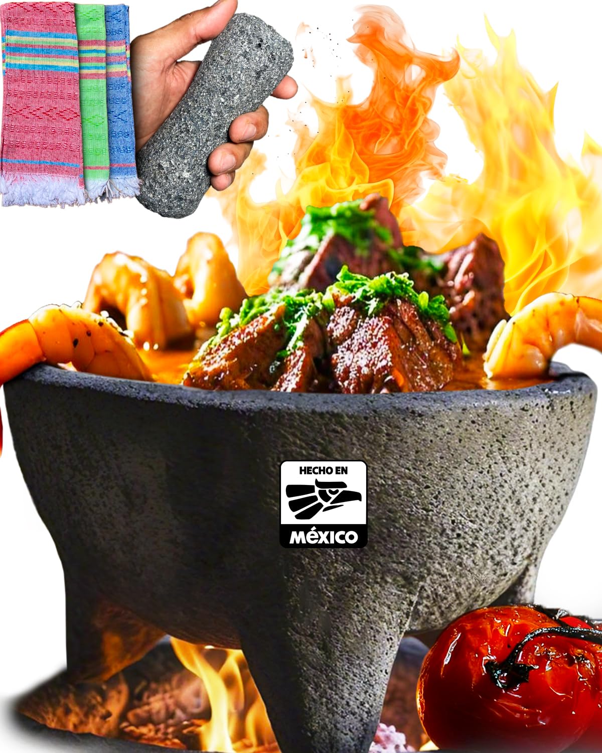 Photo 1 of 3 Pcs Set | Authentic Molcajete Mexicano Made of Volcanic Rock + Pestle, High-Heat Resistant