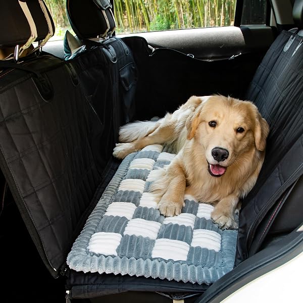NESTLYMOLY DOG BED FOR CAR, PET TRAVEL BACKSEAT MAT FOR VEHICLE SUV TRUCK JEEP AUTOMOBILE, LARGE WASHABLE FOLDABLE NON-SLIP FUZZY SOFT COMFORTABLE COZY EXTENDER PROTECTOR COVER PAD, GREY, 24.8X54 IN