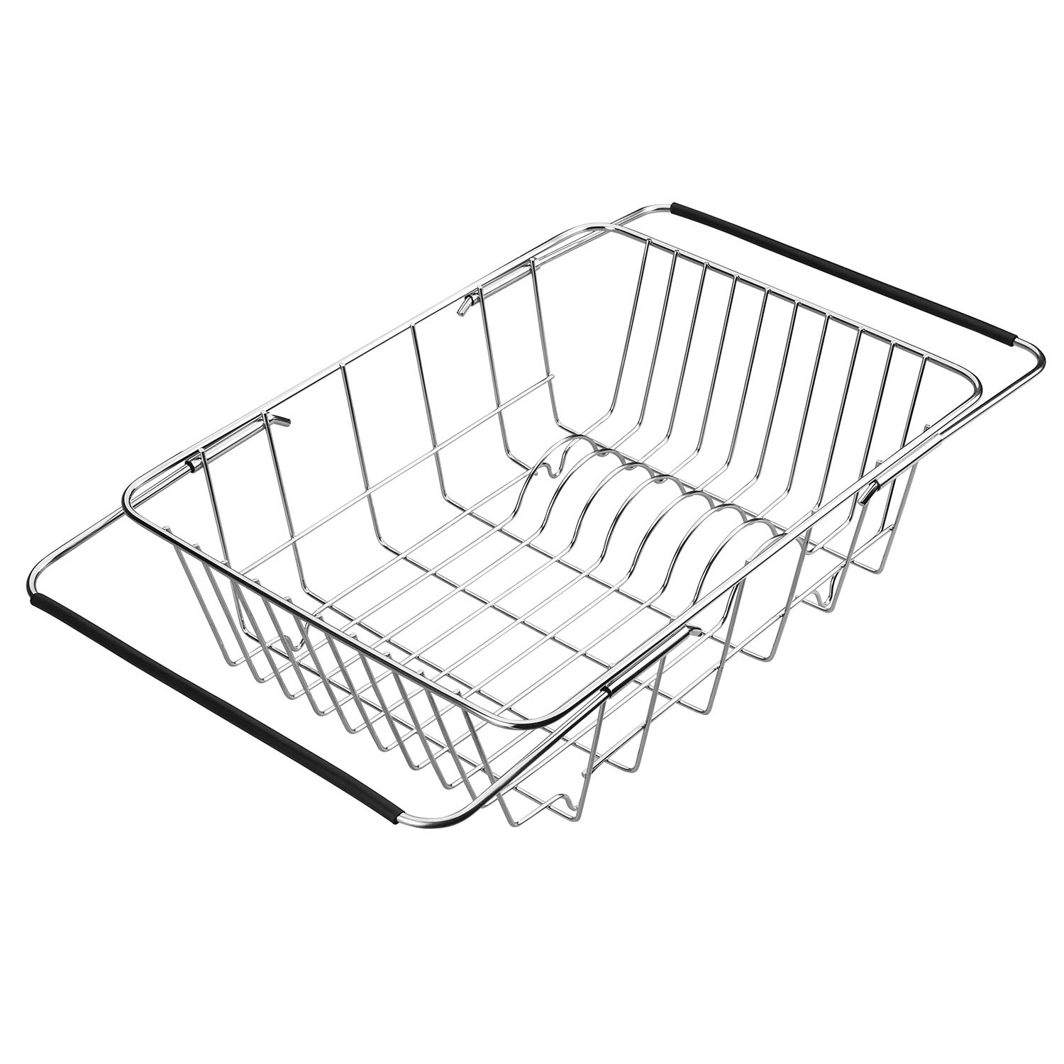 QIWODE Over Sink Drainer Rack Extendable, Dish Drying Rack Small, Kitchen Sink Basket Stainless Steel for Washing and Draining Vegetables, Fruits, Plates, Bowls, Cups, Silver