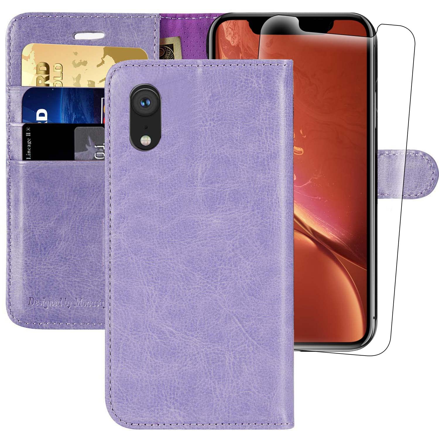 iPhone XR Wallet Case,6.1-inch,MONASAY [Glass Screen Protector Included] Flip Folio Leather Cell Phone Cover with Credit Card Holder for Apple iPhone XR,Lavenders