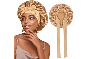 RIQIAQIA Large Satin Bonnet Silk Bonnet for Sleeping Women, Hair Bonnet for Sleeping with Elastic Tie Band, Hair Cap Night Sleep Caps for Women Curly Braid Hair(Gold)