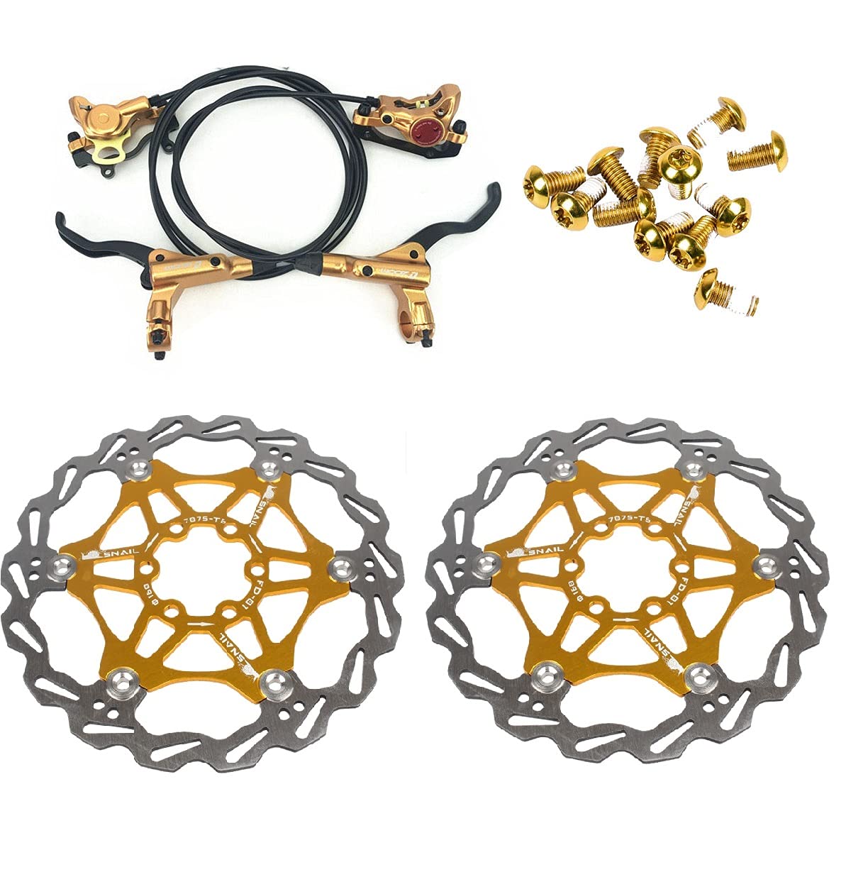 Zoom Hydraulic Disc Brakes Mountain Bike Sets MTB Front & Rear Set with Floating Disc Rotor 160mm & Color Bolts (Gold)
