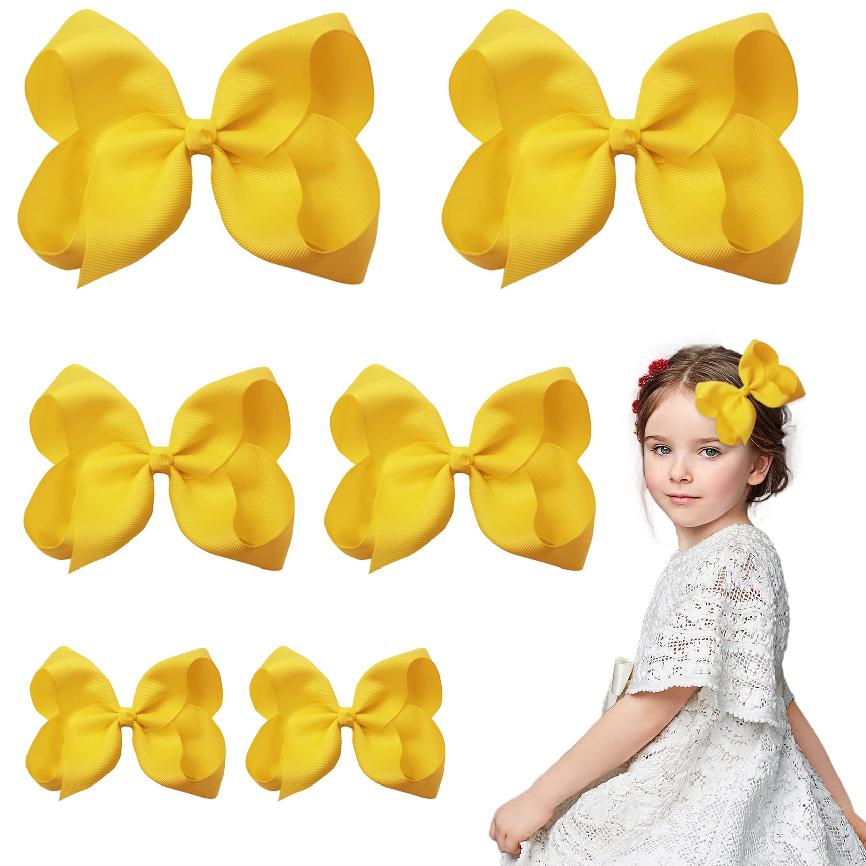 Nideen 6 Pack Hair Bow Clips, 3 Sizes Yellow Hair Bow for Girls, White Bows for Hair School Hair Accessories(6 inch, 4 inch, 3 inch), 1