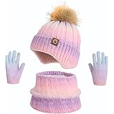 Kids Winter Earmuffs Hat Scarf Touchscreen Gloves Set，Fleece Lined Beanie Neck Warmer for Boys Girls 4-10Y