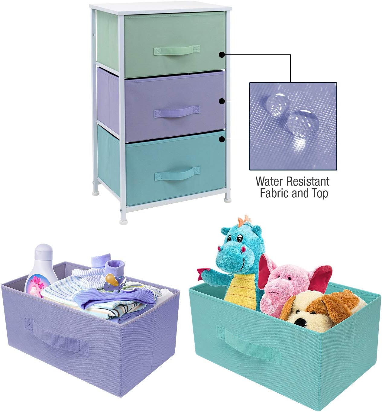 Sorbus Nightstand with 3 Drawers - Bedside Furniture & Night Stand End Table Dresser for Home, Bedroom Accessories, Office, College Dorm, Steel Frame, Wood Top (3-Drawer, Pastel/White): Kitchen & Dining