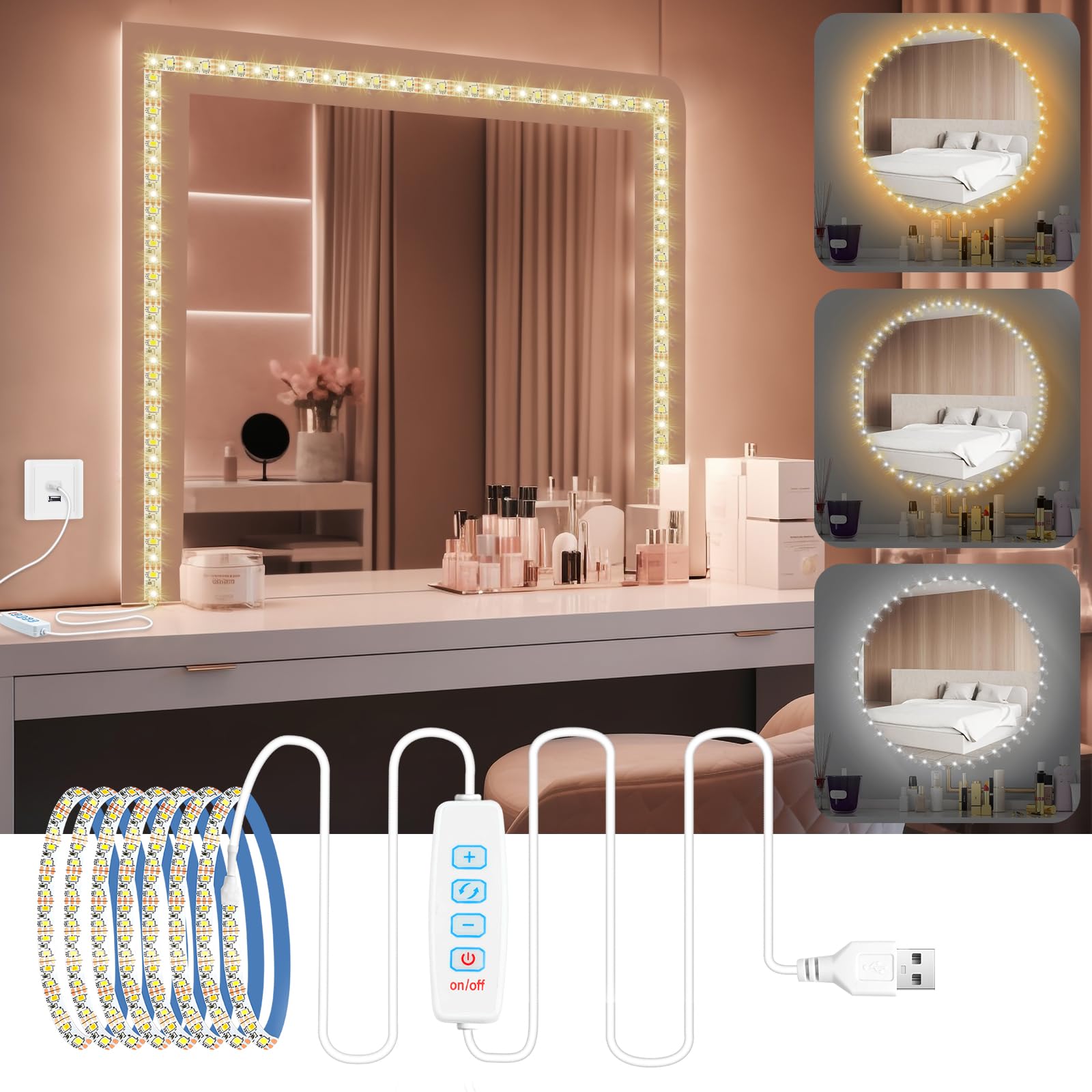 URAQT LED Mirror - Dimmable, 3 Colours, 9 Levels, Dressing Table & Makeup Light, 2 m