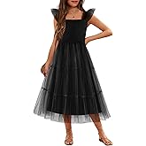 Arshiner Tween Girls Dress Ruffle Sleeve Elastic Straps Smocked A-Line Tulle Summer Long Patry Birthday Sundress