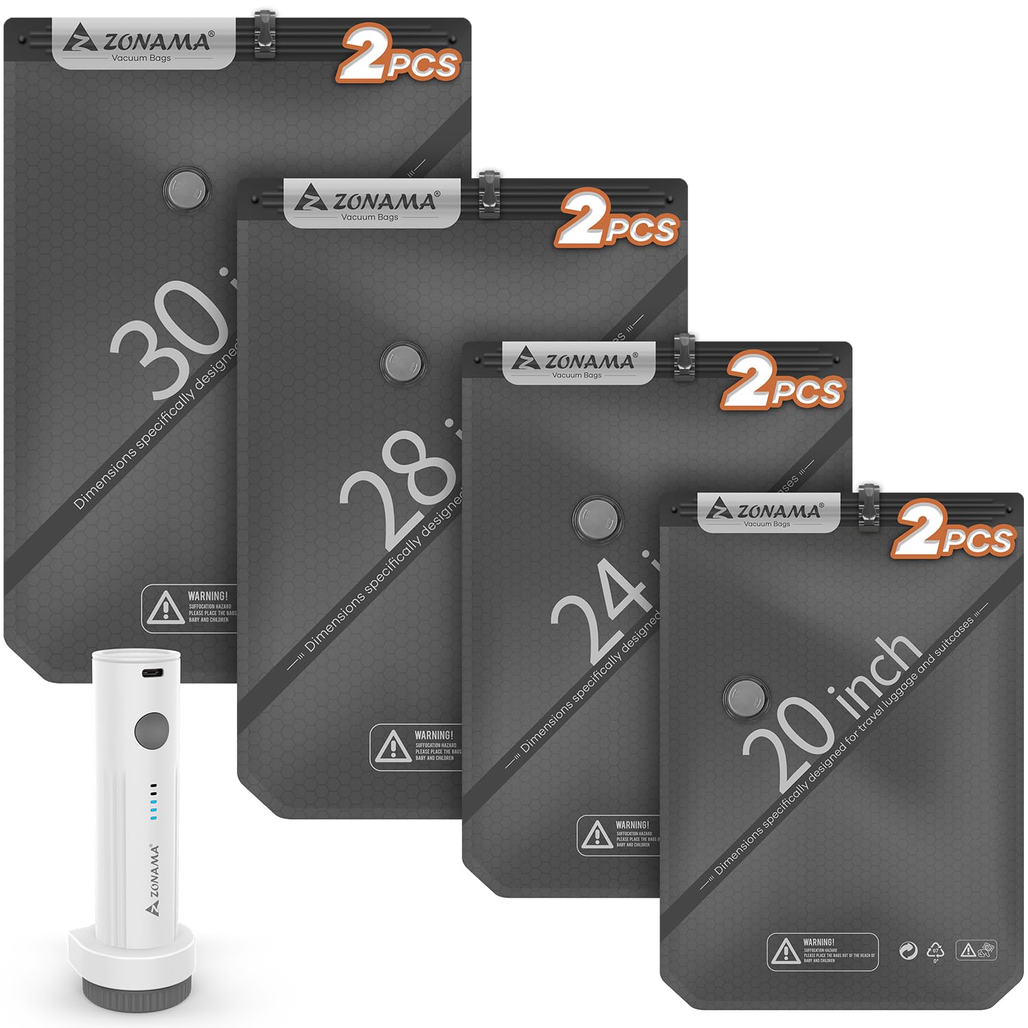 Vacuum Storage Bags for Travel with Wireless Rechargeable Air Pump, 8 Pack Travel Essentials Space Saver Compression Bag for Luggage, Suitcase, Backpack, Vacuum Seal Bags for Home Storage Clothing Image