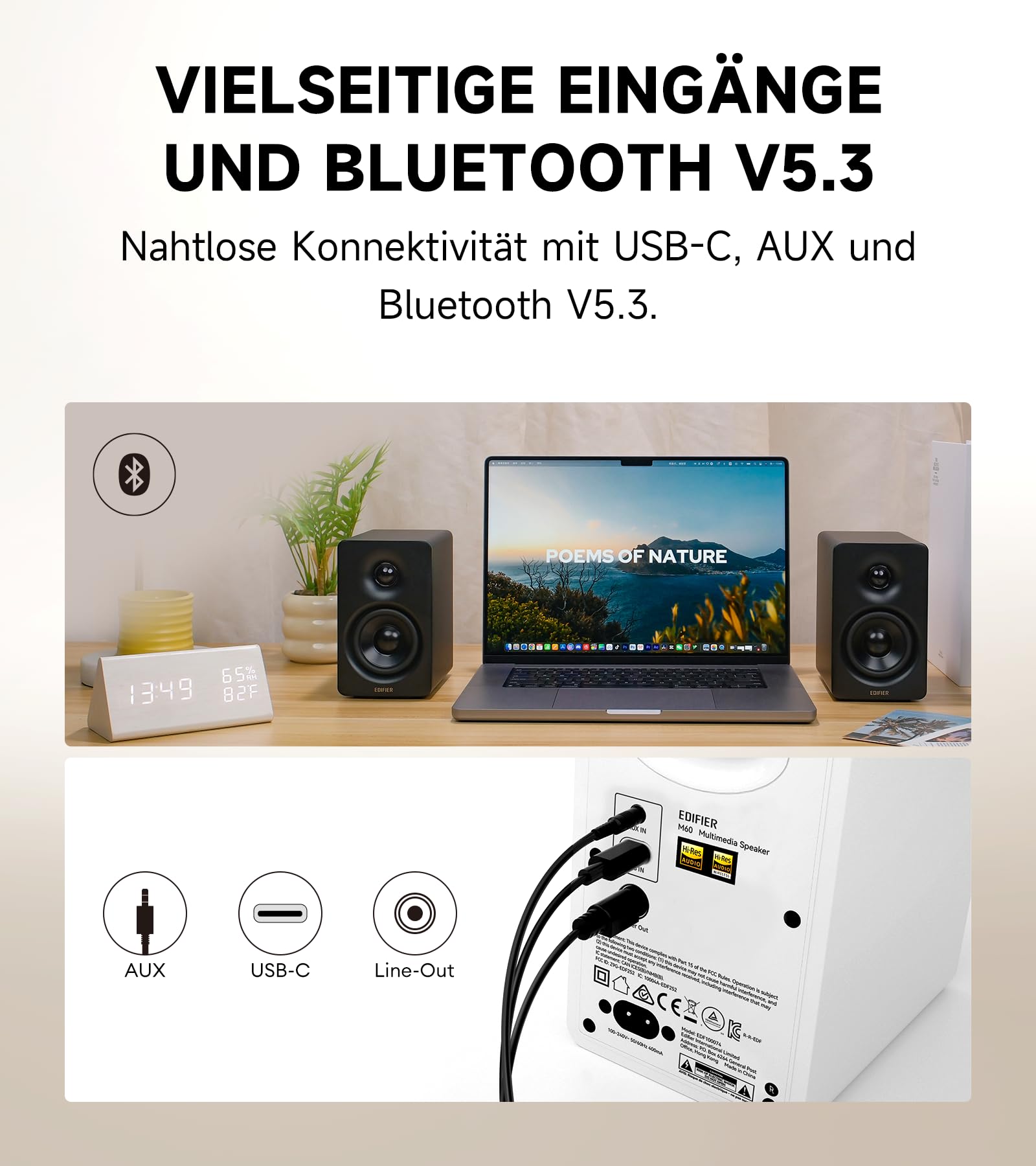 Edifier M60 Multimedia-Lautsprecher Bluetooth 5.3, 66W RMS, Hi-Res Audio & Hi-Res Wireless Audio, LDAC, 3" Mittelbass & 1" Hochtöner, USB-C & Aux-Eingänge, Kompakter Desktop Lautsprecher - Schwarz 6