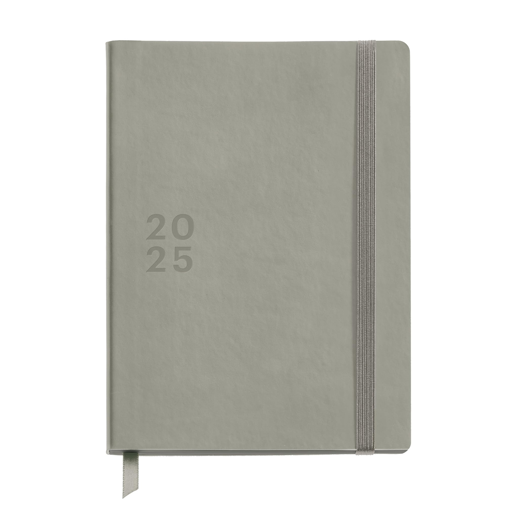 Miquelrius - 2025 Diary, Size 155 x 213 mm, Day Page Diary, Stitched Leather Cover, 100 g/m² Sustainable Paper, Elastic Closure, Spanish, English and Portuguese, Grey
