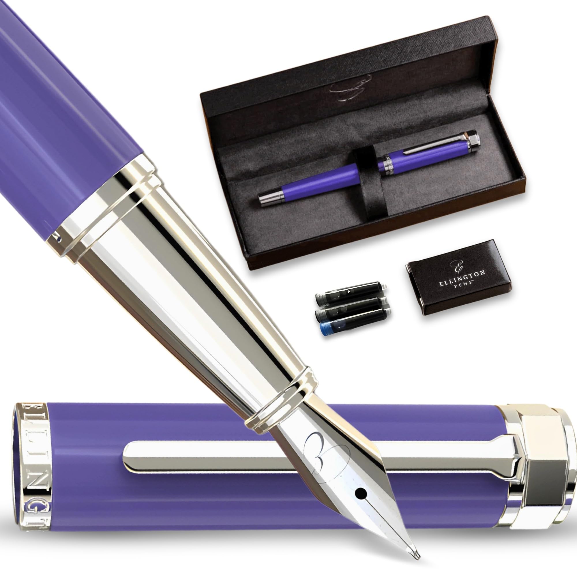 Ellington Pens Luxury Fountain Pen Set- Fountain Pens for Writing - Smooth Nib - Includes Refillable Ink Converter, 3 Ink Cartridges [2 Black & 1 Blue], Gift Box - Elegant Calligraphy