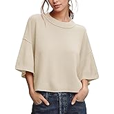 ZDC Women's Oversized Sweaters Summer 3/4 Sleeve Casual Cropped Tops Lightweight Loose Fit Knit Pullover