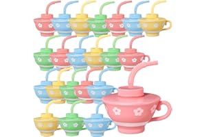 Zhehao 24 Pieces Plastic Kids Tea Cups with Lids and Straws for Tea Party, 9 oz Reusable Creative Party Cups Bulk for Birthday Baby Shower Princess Supplies