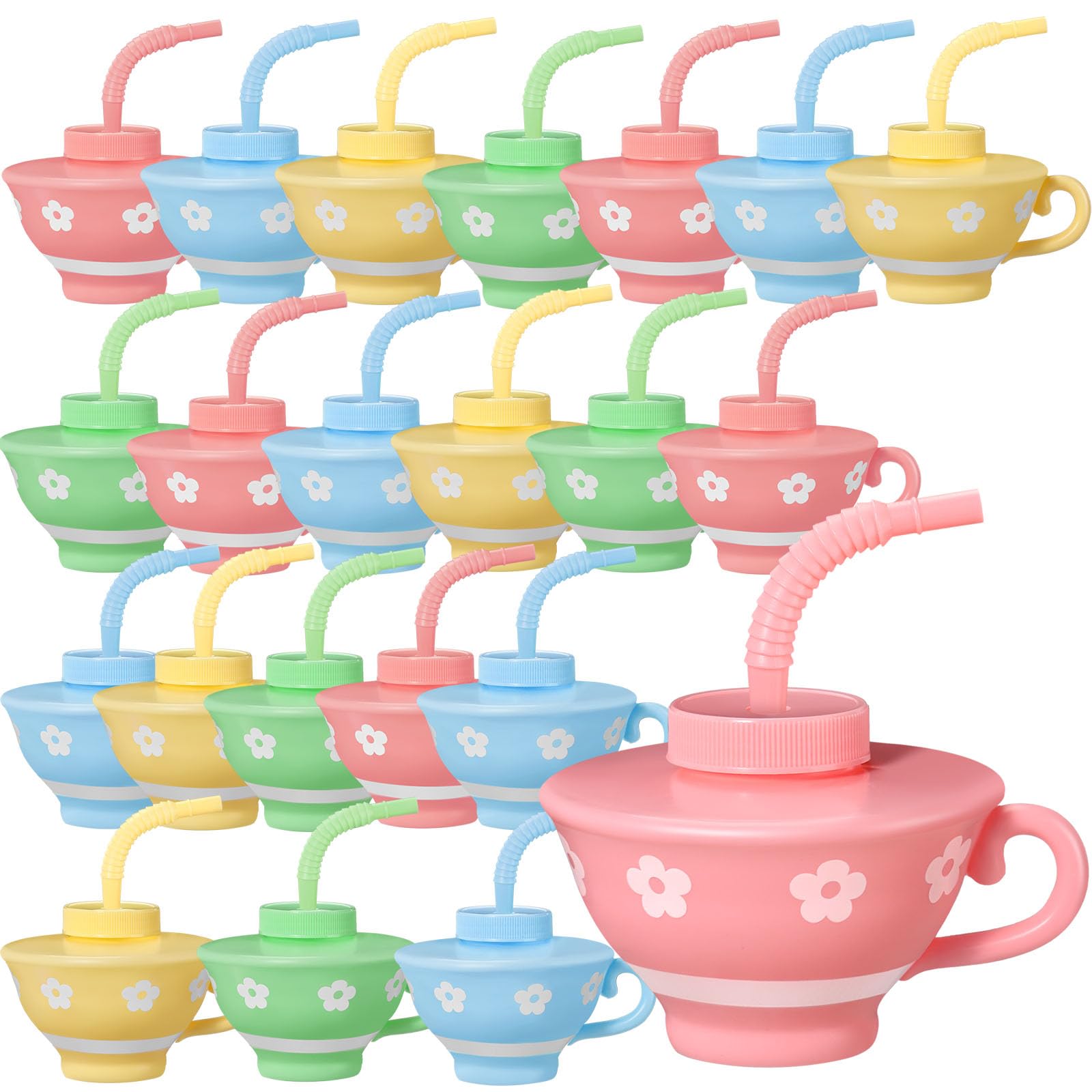 Photo 1 of Zhehao 24 Pieces Plastic Kids Tea Cups with Lids and Straws for Tea Party, 9 oz Reusable Creative Party Cups Bulk for Birthday Baby Shower Princess Supplies