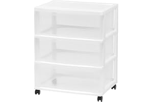 IRIS USA Plastic Drawer Storage Organizer Rolling Cart, with Wheels Casters, 3-Drawers, for Art Craft Supplies Bathroom Dorm Bedroom Laundry Room, Wide, White