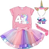 Tutu and Sian Unicorn Birthday Outfit for Girls - Shirt, Tutu Skirt Dress, Birthday Girl Crown, Hair Bow & Satin Sash (Unicorn 4Y, 4-5 Years)