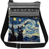 XiaoGalaee Starry Cat Adjustable Strap Crossbody Bag Cat Lover Purse | Van Gogh's oil painting Black Cat Print Daily Use Messenger Bag Birthday Gift Christmas Halloween Present for Friend Sister
