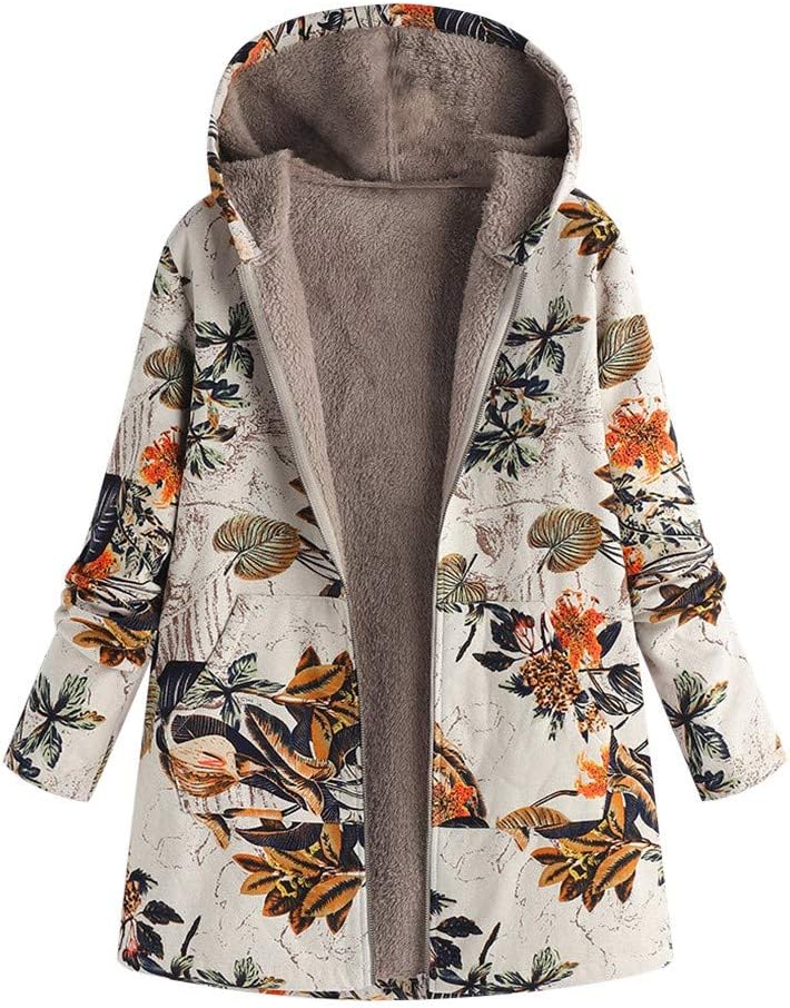 Hunauoo Womens Warm Jackets Vintage Casual Floral Print Hooded Sweatshirts Oversized Coats