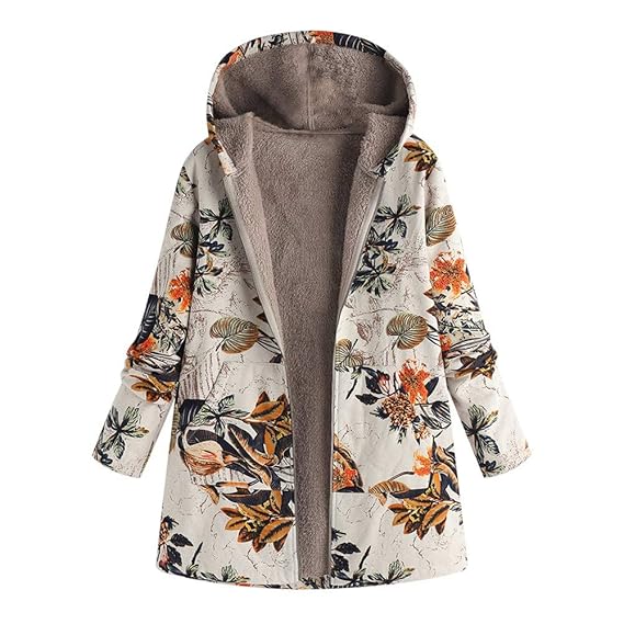 Oliviavan,Damen Winter Warm Outwear Blumendruck mit Kapuze Taschen Vintage Oversize Coats Hoher Baumwollanteil Streifenmuster