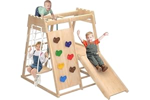 YAOFALA 8-in-1 Indoor Playground, Indoor Jungle Gym for Toddlers, Kids Climbing Toys Indoor, Wooden Montessori Climber Playset with Swing, Slide, Monkey Bar, Wood Ladder, Climbing Net,Gymnastic Rings