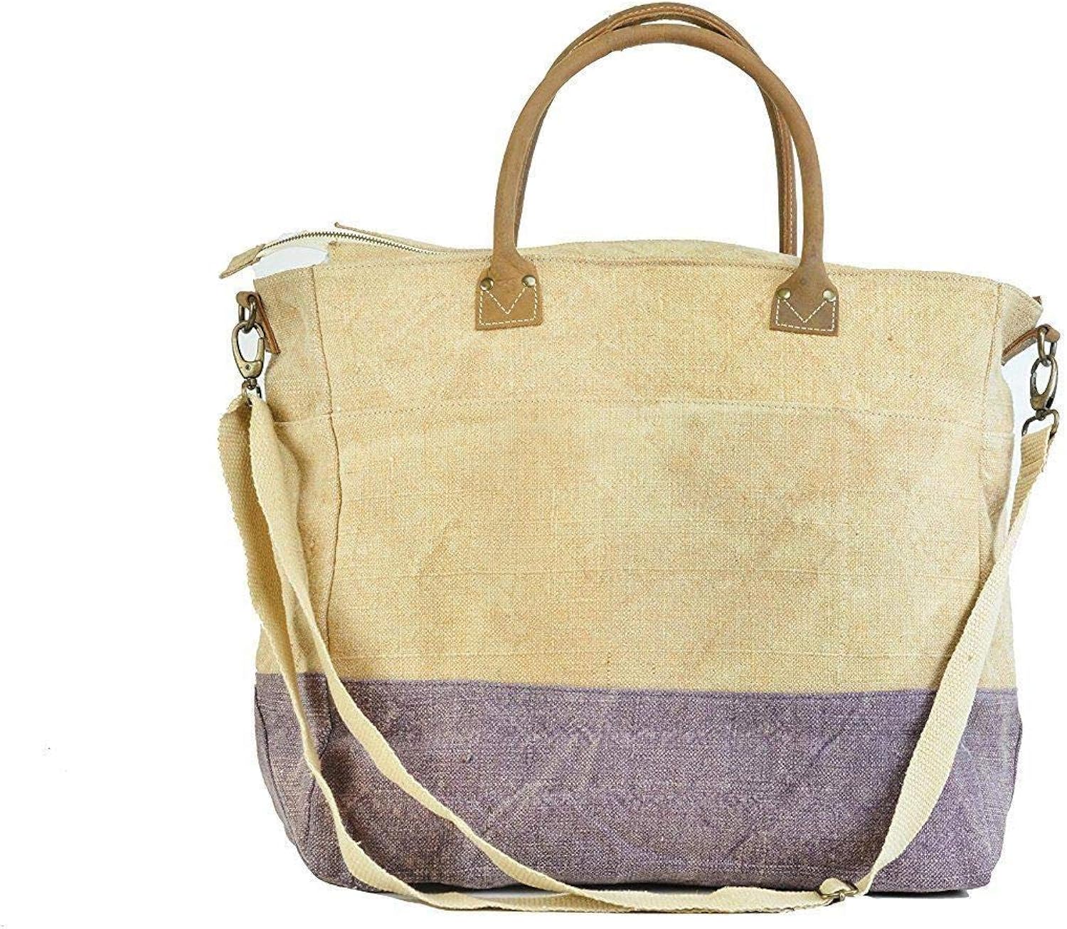 Jute Ladies Handbag Shopping with Leather Trim Burlap Sling Tote Bag