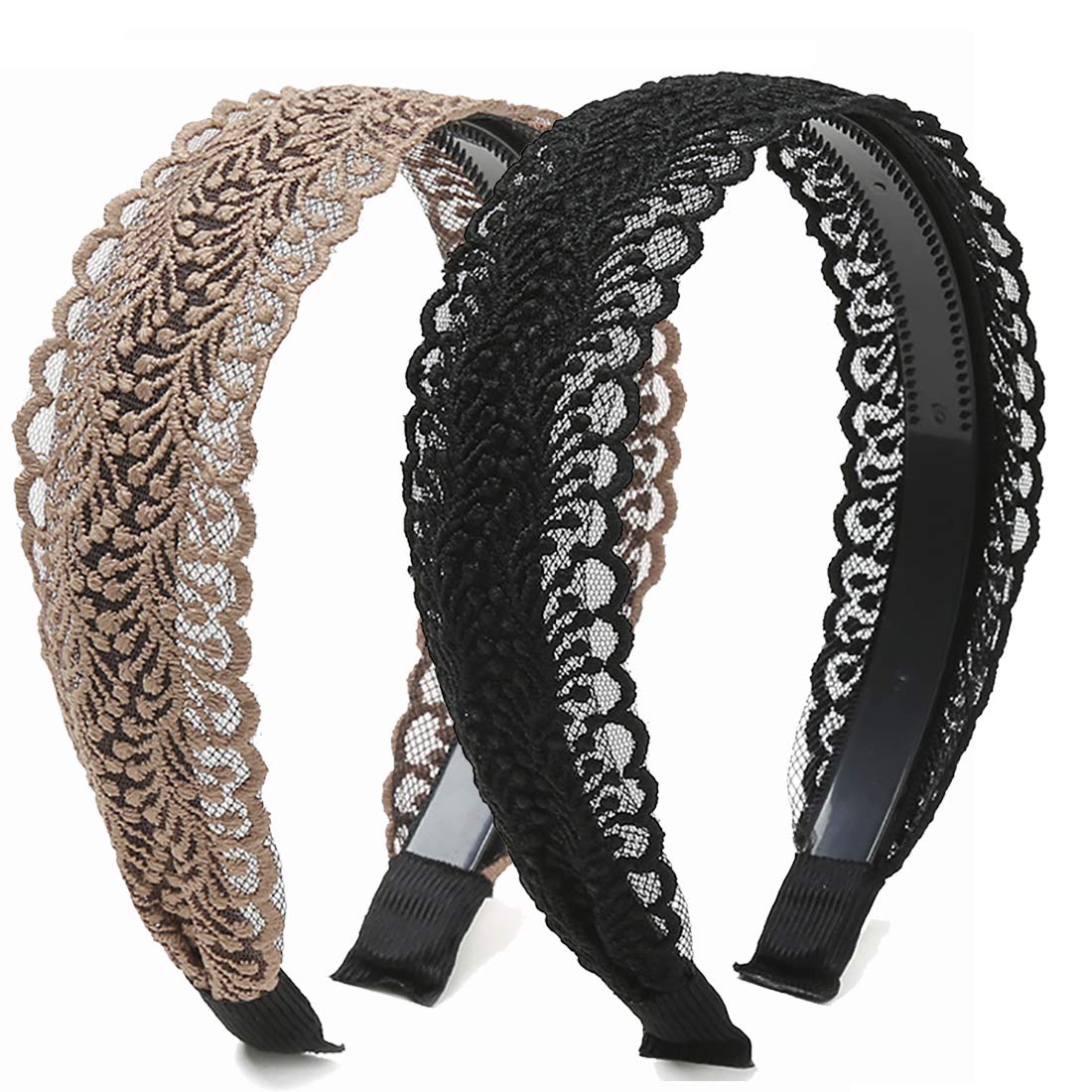 She's Shining 2 Pieces Elegant Lace Headbands Women Vintage Wide Floral Lace Headwrap (Black, Brown)
