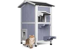 Faroro 2-Story Outdoor Cat House, Insulated Feral Cat Shelter, Weatherproof Wooden Outside House with Escape Door, Rain Curtain