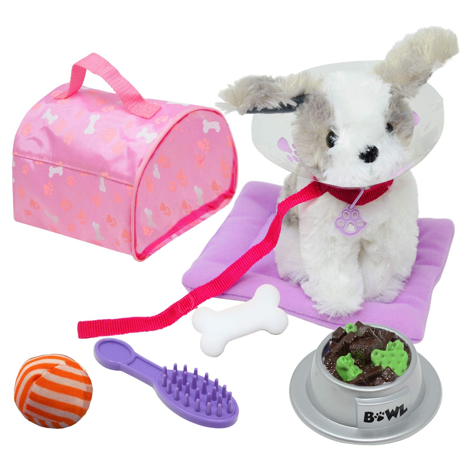 New York Doll Collection Plush Puppy Dog Accessories Play Set for Kids - Pretend Dog Toy Playset Includes Bed, Carrier, Collar & More - Fits 18 Inch Dolls
