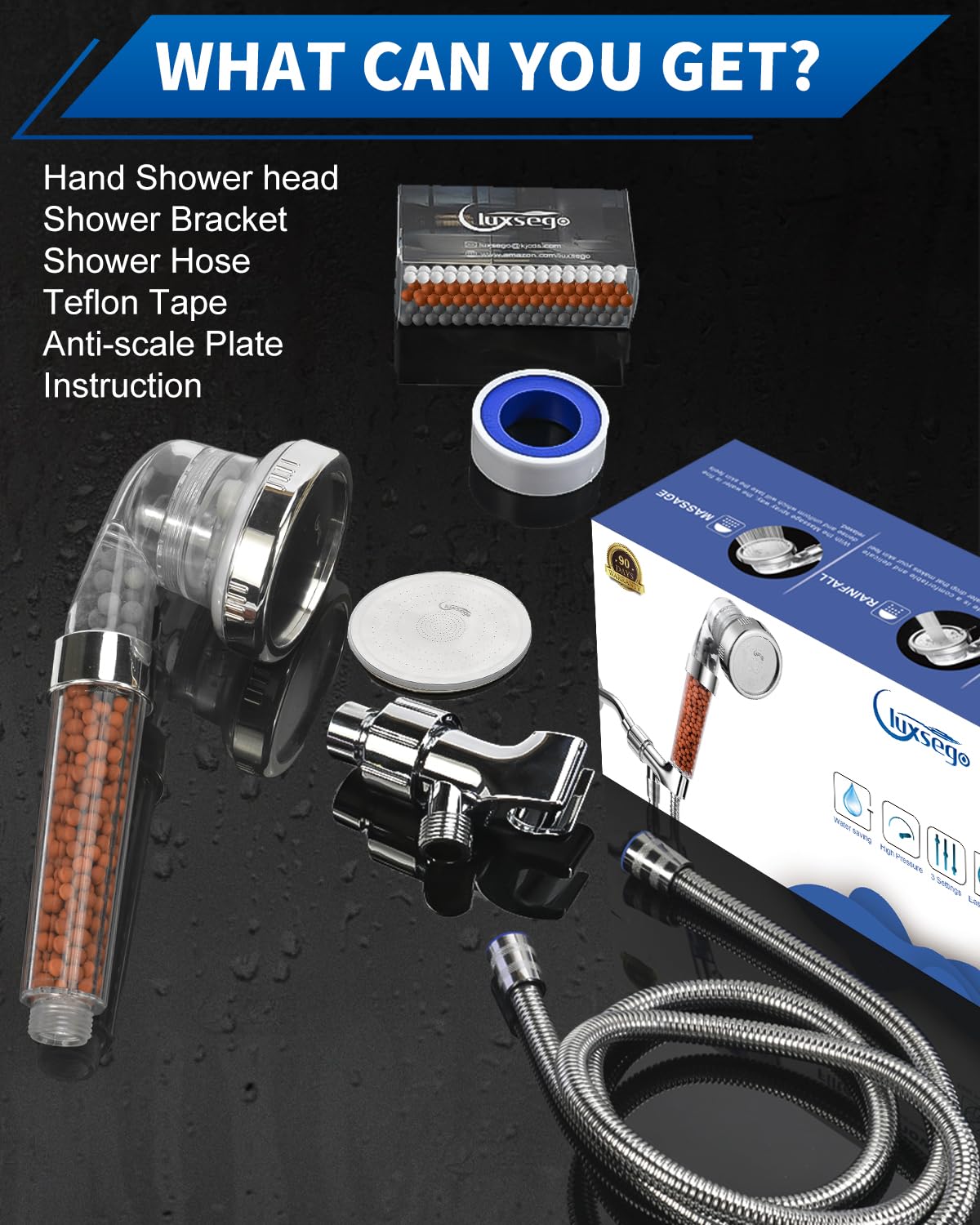 Luxsego Filtered Shower Head for Hard Water, High Pressure 3 Modes Shower Heads with Handheld Spray, Water Softener Showerhead Set with Mineral Beads to Remove Chlorine & Fluoride for Dry Hair & Skin