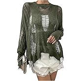 RoseSeek Women's Y2k Ripped Sweater Asymmetrical Hem Crew Neck Long Sleeve Pullover Sweaters Fall Outfits